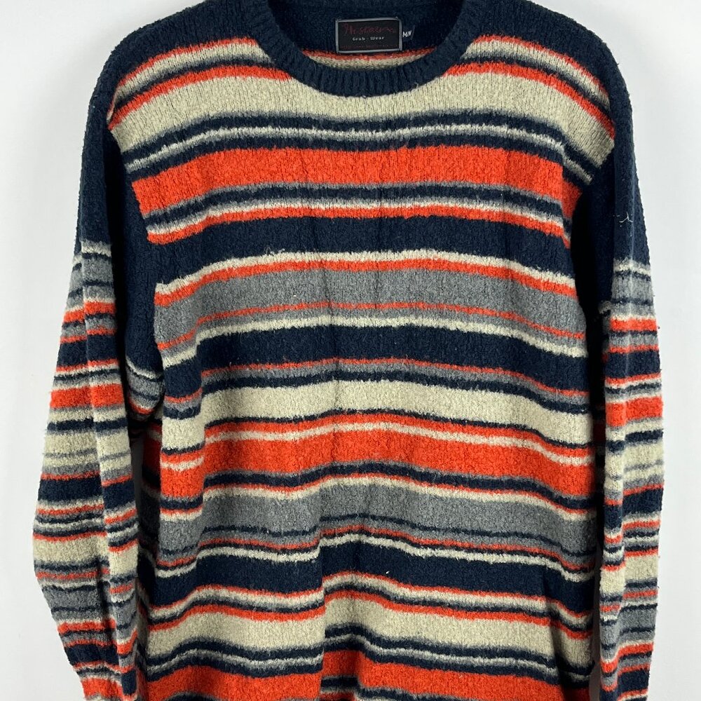 Historia Sweater Size M Blue Orange Striped Long Sleeve Crew Neck Stretch Cable